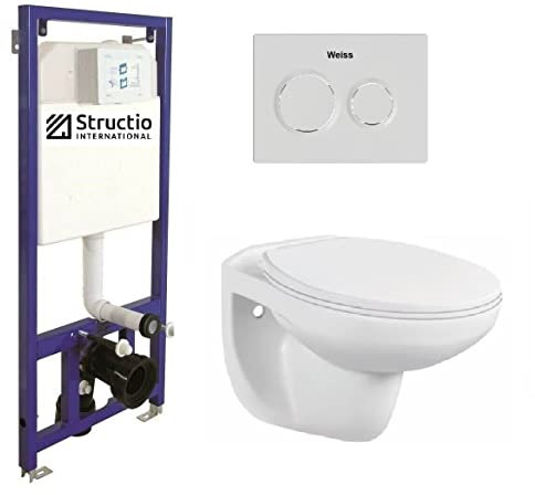 WC Komplettset Spülrandlos Sitz Soft Close Vorwandelement Unterputz Spülkasten Vorwandspülkasten Keramik Unterputzspülkasten Wand WC Set Schüssel + Drückerplatte (Betätigungsplatte 10)