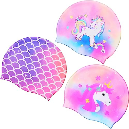 Syhood 3 Pcs Kids Swim Caps Baby Waterproof Bathing Caps Children Cartoon Swimming Hat for Long Short Hair Kids Boys Girls (Bright Color,Unicorn)