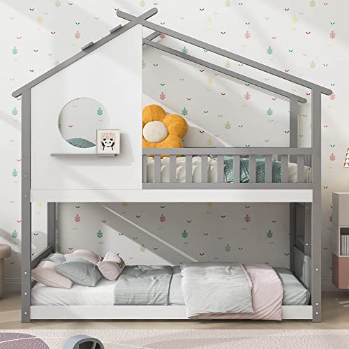 FEZTOY Etagenbett mit Treppe & Fenster 200x90cm, Kinderbett Hochbett mit Rausfallschutz und Lattenrost, Kiefernholz Spielbett für Jungen & Mädchen - Ohne Matratze (Grau)