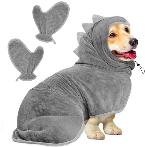 Bibykivn Accappatoio per Cani, Accappatoio per Cani Microfibra, Abbigliamento Asciugamano Morbida per Animali Dinosauro, Per Asciuga il Tuo Cane Dopo Aver Nuotato e Fatto il Bagno (S, Grigio)