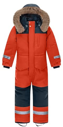 L SERVER Kinder Skianzug Jungen mit Kapuze Winddichte Wasserdichte Schneeoverall Mädchen Warmer Schneeanzug Dickere Skioverall mit Reflektierenden Streifen, Orange, 134-140