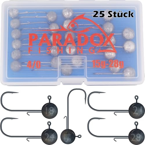 Paradox Fishing Jigköpfe Set 4/0 25x I je 5X 15g/18g/21g/24g/28g I Jig Köpfe Gummifisch mit Jighead für Gummifische Zander Angelzubehör