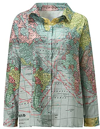 Rifuli 2024 Summer Ladies Tops World Map Print Long Sleeve Buttons Shirt Blouses Tunic Summer Tops for Women (Green, XL)