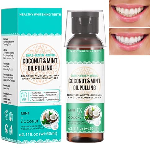 Aceite de Coco Enjuague Bucal,Aceite de Boca con Coco y Aceite de Menta,Enjuague Bucal Con Raspador de la Lengua,Natural Enjuague Bucal de Aceite de Coco & de Menta