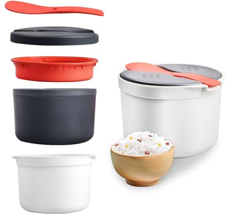 Rice Cooker, 2L Cuocere per Riso a Microonde, Pentola a Vapore per Riso e Cereali, con Cestello per Cottura a Vapore e Cucchiaio per Riso, Lavabile in Lavastoviglie, Senza BPA