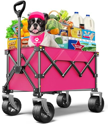 pikulLA Strandvagn, hopfällbar vagn 100 kg med stora hjul hopfällbara vagnvagnar, bärbar användbarhet för trädgård livsmedel sport camping alla terränger – rosa