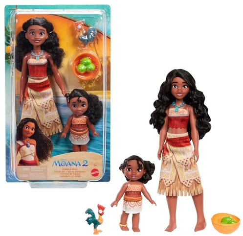 Mattel Disney Vaiana et sa sœur, coffret de 2 poupées mode dans des looks emblématiques, animal Heihei, noix de coco et panier, inspiré du film, JBT66