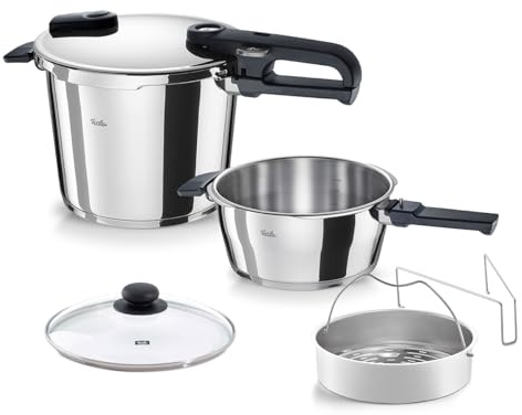 Fissler Vitaquick Edition/Schnellkochtopf-Set 6-teilg (2 Schnellkochtöpfe Ø 22 cm 3,5 L & 6 L) inkl. Metalldeckel, Glasdeckel, Einsatz, Induktion – Made IN GERMAMY