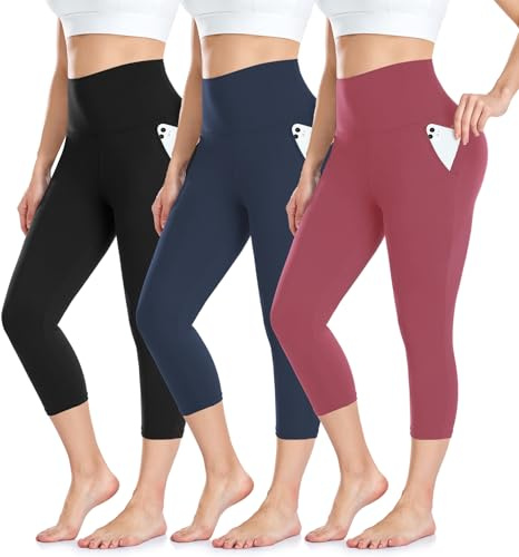 ACTINPUT Mallas Deportivas Mujer Capri 3/4 Leggings con Bolsillos - Cintura Alta Pantalones Deportivos Elásticos y Opacos para Fitness, Yoga, Running y Deporte(Negro+Azul Marino+Rosa,L-XL)