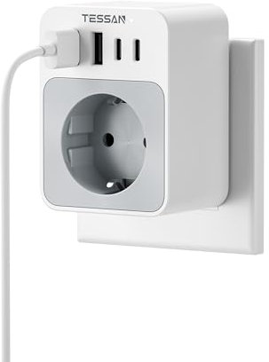 TESSAN Ladron Enchufes Pared con USB C, Regletas Enchufes con 4 USB, 5 en 1 Cargador Pared para Oficina, Cocina, Compatible con Móviles, Blanco y Gris