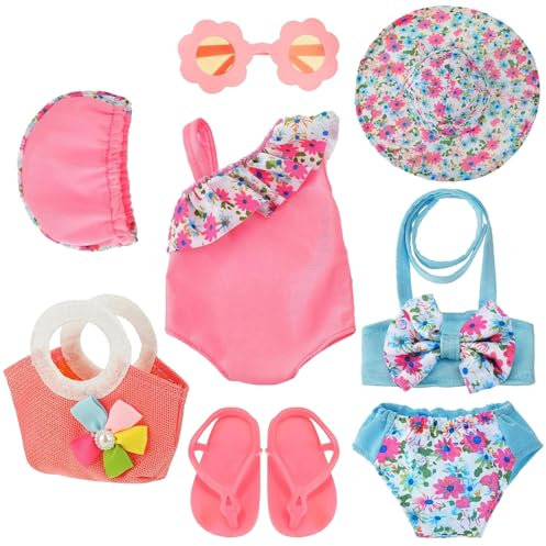 Puppen Badeanzug Set, 8-teiliges Sommer Puppenzubehör Set mit Sonnenbrille, Flip Flops und Handtasche, Schwimm Set für Puppen 18 Zoll, Puppen Kleidung Outfits, für 35-45 cm New Born Baby Puppen