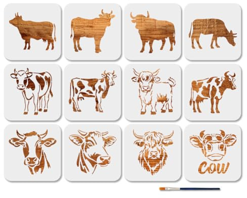 MAYJOYDIY 12 plantilla reutilizable para vacas y ganado de las tierras altas 15 × 15 cm Modelos de arte para animales de granja con pincel para ventana pared de madera decoración del hogar