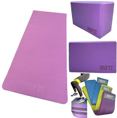 BSFIT Esterilla Yoga Antideslizante | Colchoneta de Gimnasia y Pilates para Fitness | Ligera y Portátil, Entrenamiento en Casa, Gimnasio o Camping | (KIT ESTERILLA BANDAS Y BLOQUES)