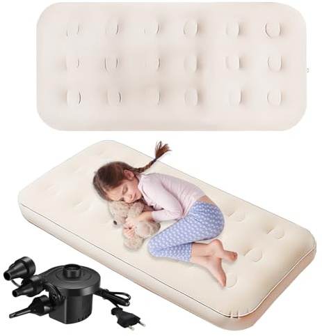 2 Pièces Matelas Gonflable pour Enfants – Lit d’Appoint Pliable 140x70x22 cm avec Kit de Réparation, Confort Flocké, Idéal pour Maison, Voyage, Camping, Fêtes (Beige)