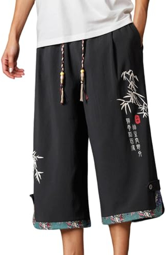 Pantalones japoneses Taro para hombre Pantalones japoneses tradicionales de lino Japón Pantalones cómodos holgados 7/8 Pantalones Kimono Pierna recta Pantalones de lino con cordón Pantalones de verano