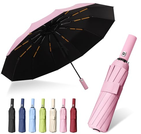 FANSEZQ ANSEZQ Windproof Travel Umbrella - Automatic Open Close, 24 Ribs Heavy Duty Compact Folding Umbrella, UV Protection Rain Umbrella for Men and Women (pink)
