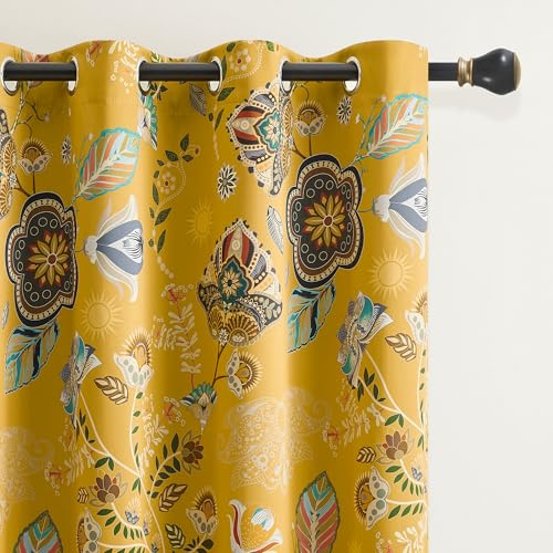 XiDi Cortinas Opacas de Lujo 214cm - Amarillo Mostaza Vintage | Estampado Mediterráneo 2 Paneles Térmicos Ojales