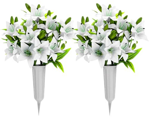 Thiccywoov 2 Sets Spring Artificial Lilies Cemetery Flowers with Vase White Faux Lily Bouquet Graveyard Memorial Flowers for Spring Headstones Cemetery Decor