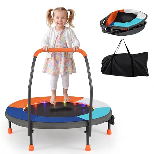 COSTWAY Ø 90 cm, studsmatta, ministudsmatta, vikbar med LED-belysning, fitness, studsmatta, inomhus med handtag och bärväska, liten trädgårdsstudsmatta, för barn från 3 år