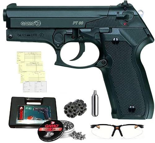 Pack Pistola Gamo PT-80 de 3,5 Julios. Pistola PT80. Calibre 4,5 mm. + Tarjeta de Armas + Maletín de Transporte + Gafas Protectoras + 250 balines + 2 Cargadores + Bombona CO2