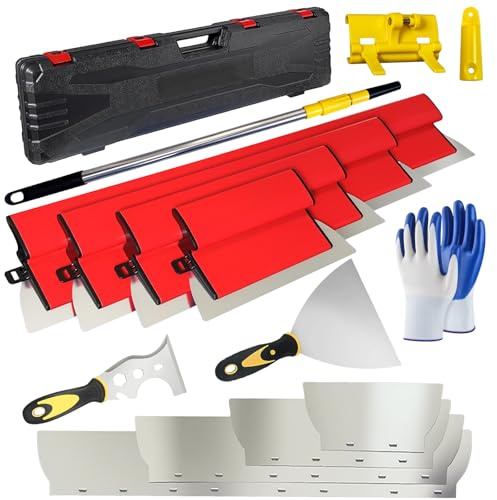 14 PCS Juego de Espátulas para Fachadas Profesional, 25/40/60/80 cm Hojas de Acero Inoxidable 0,35 y 0,5 mm, Mango Telescópico 1,28 m y Maletín para Pladur, Kit de Alisado para Yeso y Construcción Se