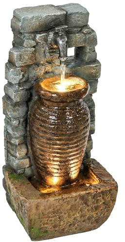 Outsunny Springbrunnen 3-stufig Gartenbrunnen mit LED Beleuchtung verstellbare Pumpe Steinwand Krugdesign, Zimmerbrunnen Wasserspiel Zierbrunnen Terrassenbrunnen für Garten Rasen 26 x 20,5 x 57 cm