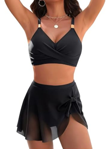 Novocloud Women's High Waisted Bikini Set, Two Pieces Swimsuits V Neck Tummy Control Bathing Suits Women's High Waisted Bikini Set Twist Swimsuit Mesh Swim Skirt (UK, Alpha, L, Regular, Regular)