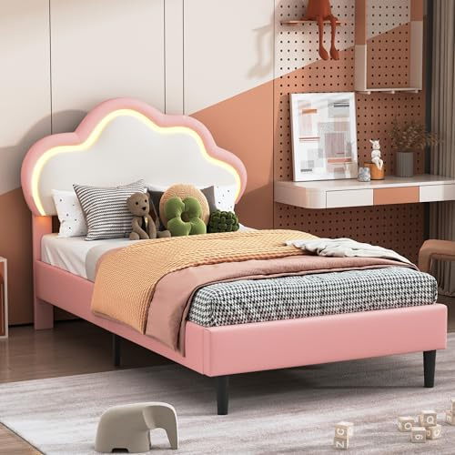 KOOPMAD Barnsäng Flicka 90x200, Princess med LED-belysning, Justerbar Sänggavel i Höjd, Design i Molnform för Barn & Tonåringar, Enkel Barnsäng, PU, Rosa (utan madrass)