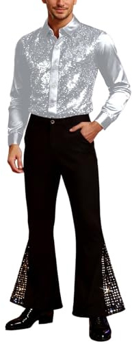 Generico Completo Anni 70 Uomo Vestito da Discoteca Camicia e Pantaloni a Zampa con Pailettes per Carnevale Disco Party Costume da Ballo Latino Set Leggera Completi Sportivi per il Tempo Libero