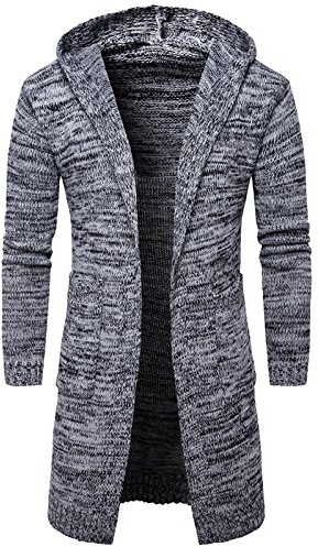 WSLCN Homme Cardigan Outerwear à Capuche Cardigan Longue Tricoté à Manches Longue Manteau Long Slim Fit Gris Large