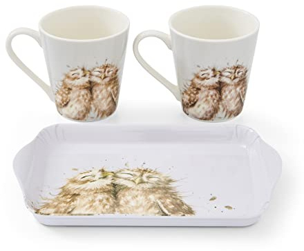 Pimpernel x Wrendale Designs Set of 2 Mugs and Tray Set - Porcelain & Melamine, Suitable for Tea or Coffee Time with Your Partner, Owl Design by Artist Hannah Dale, 180ml