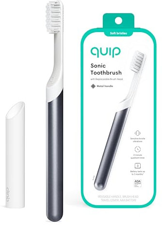 Quip Sonic Toothbrush for Adults - Timed Electric Toothbrush with Cover - Replaceable Brush Head, Soft Bristles, Metal Handle, 3 Month Battery Life - Travel Toothbrush - Slate