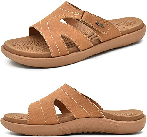 KuaiLu Badelatschen Damen Orthopädische Mode Leichte Badeschlappen Sommer Verstellbare Offenen Zehen Badesandalen Bequeme Yoga Fußbett Rutschfest khaki 38