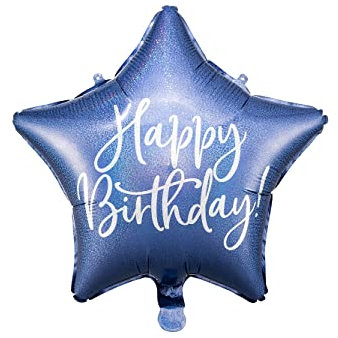 Happy Birthday Foil Balloon 40cm Navy Blue Star Shape FB93-074 with Silver Holographic Lettering for Classroom Parties, Original and Safe Visual Impact Inflatable Air and Helium