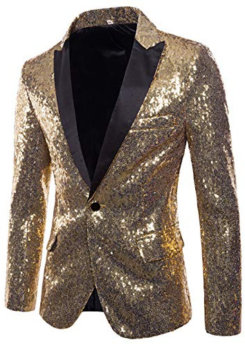 FeMereina Chaqueta de esmoquin brillante con lentejuelas para hombre, blazer de un botón, ideal para fiesta, boda, banquete, baile de graduación, dorado, M