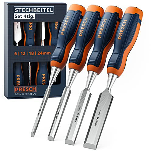 Presch Stechbeitel Set für Holz 4tlg. - Fertig geschliffene Stechmmeisen (6, 12, 18, 24mm) - Profi Stecheisen mit 25° Keilwinkel inkl. robuster Metallschlagkappe