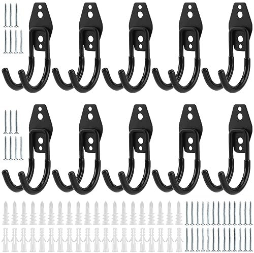FUNSUEI 10 PCS Heavy Duty Double Storage Hook, Garage Hooks Heavy Duty Black, Garage Tool Storage Utility Hooks with Screw, for Garden Tools, Ladders, Bulky Items
