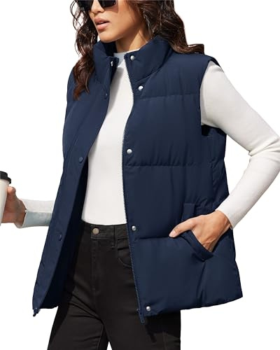 MAGCOMSEN Women Oversized Down Vest Casual Winter Warm Puffer Vest Lightweight Stand Collar Bubble Quilted Puffy Gilet Coats Navy