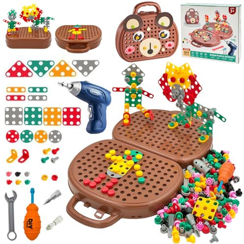 PICKONA Lot de 204 boîtes à jouets Montessori magiques Montessori pour enfants, avec perceuse, design mosaïque créatif, blocs de construction, kit de bricolage avec boîte de rangement