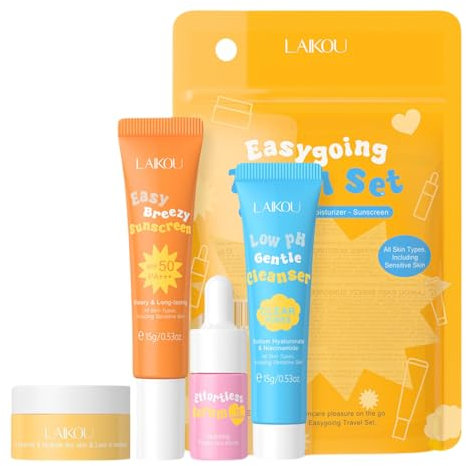 Set idratante per la cura della pelle Regalo per donne e ragazze, set di 4 pezzi essenziali, mini formato da viaggio con detergente viso, crema e siero