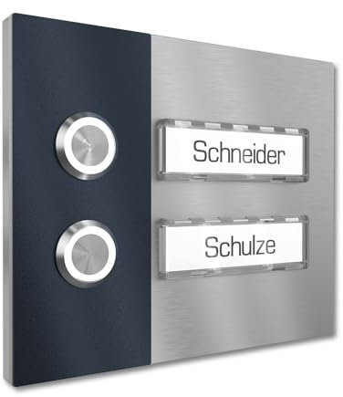 Graviers Design Timbre de vivienda con pulsador LED 2 placas de nombre - V2A acero inoxidable 140x115 mm - montaje empotrado seleccionable en superficie para puerta