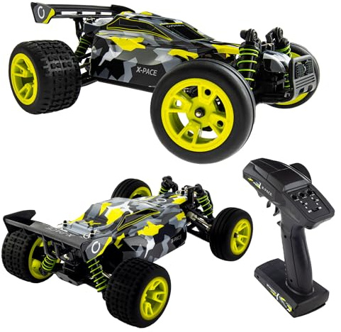 Overmax X-Pace Voiture télécommandée RC Car Vitesse de 45 kmh 4x4 motrices portée de 100 mètres Suspension à Ressort indépendante éclairage LED Grande Taille, Noir-Jaune