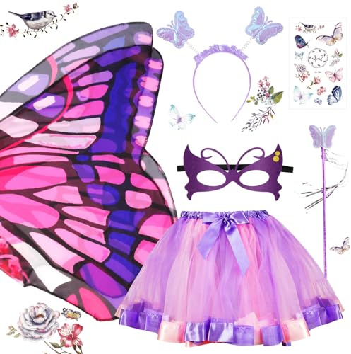 AUYAO Deguisement Papillon Fille Papillon Costume de Fée Papillon, Papillon Ailes Enfants Ailes Papillon, Cape Papillon Costume de Fée Papillon avec Masque Tutu Jupe Déguisement Carnaval Noël Cosplay