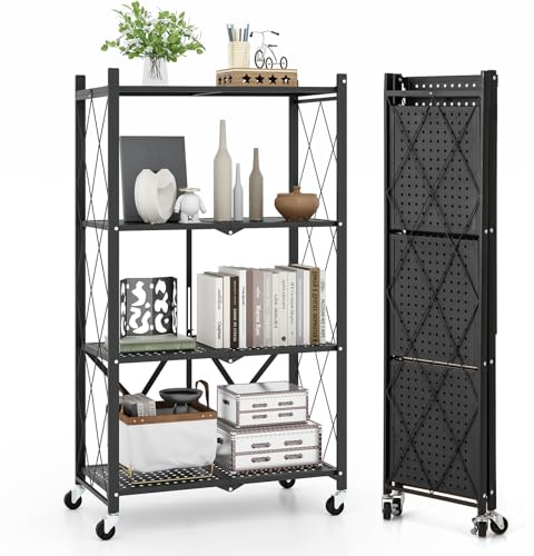 COSTWAY tung lasthylla vikbar, 4 nivåer stående hylla med låsbara hjul, kökshylla med metallram, hopfällbar hylla förvaringshylla för kök, kontor, svart, 71 x 34 x 126 cm