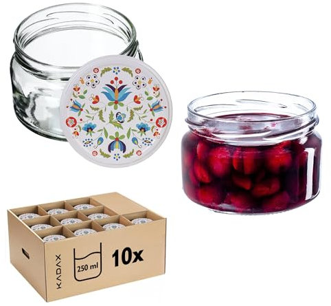 KADAX 10er Set Marmeladengläser 250 ml mit Schraubdeckel Ø 82 mm in Blumen - luftdichte, spülmaschinenfest, ideal für Marmelade, Chutneys, Eingelegtes Gemüse, Fleisch, Pasteten & Babynahrung