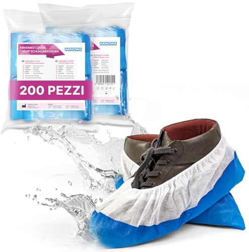 ARNOMED Copriscarpe monouso in CPE + PP, calzari monouso usa e getta PP bianchi con suola CPE blu, 200 pezzi, copri scarpe da casa usa e getta taglia unica: 17x40cm, sovrascarpe monouso per cantiere