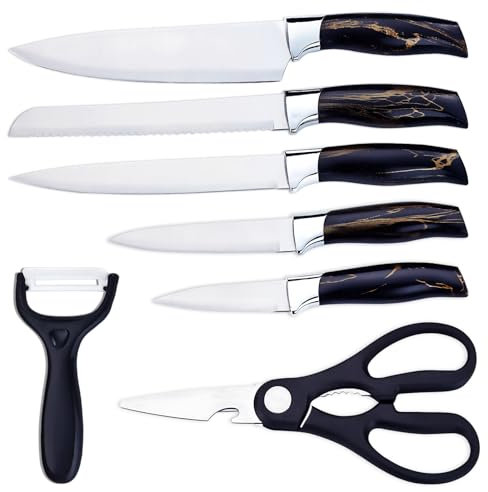 PionStar Juego de Cuchillos de Cocina Acero Inoxidable – Set Profesional 7 Piezas con Cuchillo Chef, Cuchillo Pan, Cuchillo Carne, Cuchillo Multiusos, Cuchillo Frutas, Tijeras Cocina y Pelador
