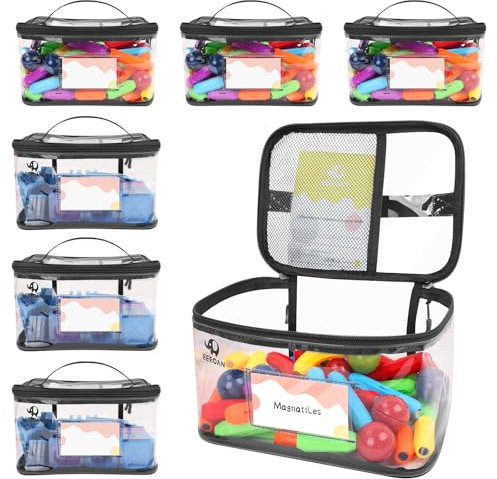 BEBOAN 6 Packs Toy Storage Bags Toy Organizer Board Game Storage for Kids, Travel Waterproof Toy Container for Building Blocks/Car Toy/Dolls, Reusable Clear PVC Organizing Case Bags Black