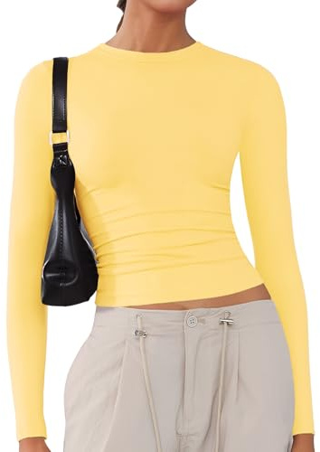 ARCFEETORY Women's Long Sleeve Shirts Crew Neck Tops Basic Tees T-Shirts Bright Yellow L