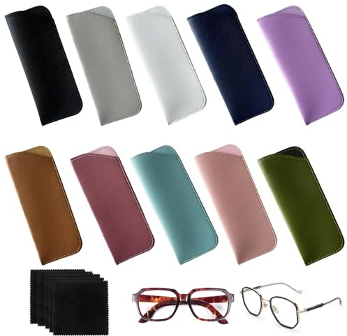 Godneei 10 Pezzi Custodia Occhiali Morbida con 5 Panni di Pulizia, Custodia Occhiali da Sole in Pelle Custodie Occhiali da Lettura Sacchetto per Donna Uomo